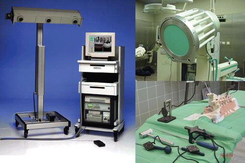 Figure 1. Surgical navigation system setup. Left: The SurgiGATE® navigation system. Top right: The optoelectronically trackable C-arm. Bottom right: Surgical tools including the dynamic reference base (DRB), chisel, gravity device, and pointers. [Color version available online.]