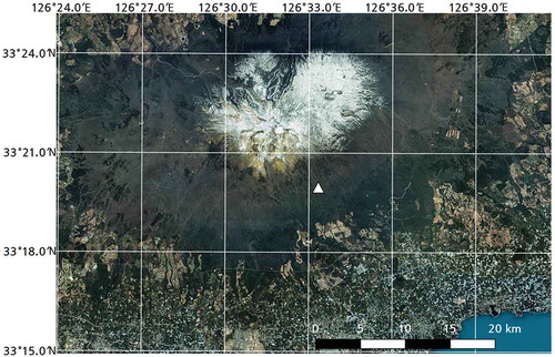 Figure 1. Location of the CO2 flux tower site (marked with white rectangle) for the eddy covariance measurements on Mt. Halla, Jeju Island, South Korea (Image source from Daum map service through QGIS).