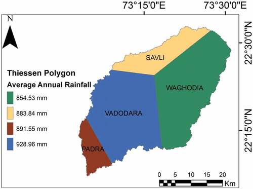 Figure 4. Thiessen polygon of rain gauge stations for Vishwamitri watershed.