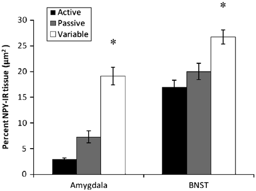 Figure 6  Percentage of NPY-immunoreactive tissue (mean ± SEM) in sections of amygdala (n = 7, 8, and 8 for active passive, and flexible groups respectively) and BNST (n = 8, 7, and 8 for passive, active, and flexible groups respectively). The flexible coping group exhibited increased NPY-immunoreactivity in both the amygdala and BNST than the active and passive coping rats. *p < 0.001 and 0.015 respectively.