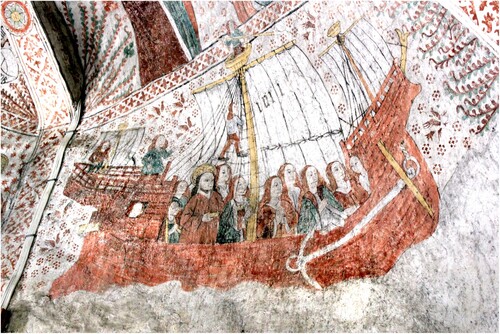 Figure 20. In 1514–15, two years before some of the trees were felled for the Riddarholmen Ship, the anonymous ‘Edebo Master’ decorated the western wall of the Edebo church in Sweden with the legend of the Saint Ursula and her maidens. They travel aboard a ship that reveals many similarities with the Riddarholmen Ship: clinker-built, a curved and very upright stem, three masts, forecastle, railing, and so on. (Ulrika Södrén).