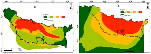 Figure 3. Modified Mercallie Intensity map shown for 1934 earthquake (a) Modified after Kayal. (Citation2010), and 1988 earthquake (b) Modified after GSI., 1993, Prajapati et al. (Citation2017).
