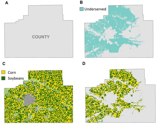 Figure 4. Geographic overlay to identify areas of corn and soybean in underserved areas for the 2021 growing season in McLean County, Illinois. In this example, the county boundary is first identified (A), followed by underserved areas in the county (B). From the Cropland Data Layer (C), areas where corn or soybeans intersect underserved areas are identified (D).