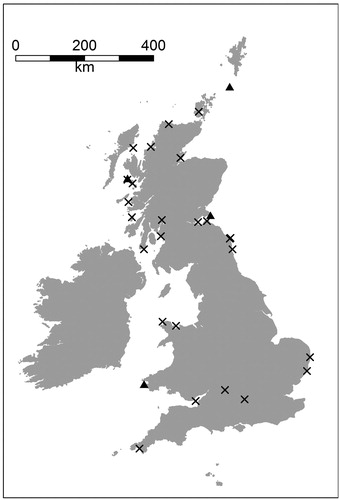 Figure 1. Map of seabird mark-recapture studies conducted annually in the UK as part of the Seabird Monitoring Program Key Sites (triangles), and as part of a national citizen-science program implemented by the British Trust for Ornithology (cross-hairs) (Projection: British National Grid).
