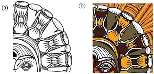Figure 4. (a) Quadrant 2 vector image, (b) Awakening design with design from Aboriginal art (Designed in August, 2021).
