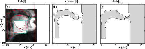 Figure 1. Silhouette of the mouth geometries for (a) flat-[f], (b) curved-[f], and (c) flat-[θ] models. The inset in (a) shows a zoomed-in view of the mouth geometry, with the tooth gap defined as h. Subfigures (a) and (b) are based on Figure 1 of a conference article (Mofakham et al. Citation2021).