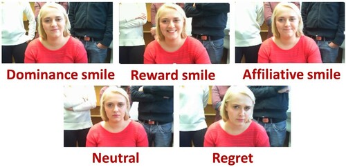 Figure 2. Still frames illustrating the dynamic facial expression stimuli (Studies 1-4): The three smile types, neutral, and regret expressions displayed by the other group’s representative following an uncooperative decision.