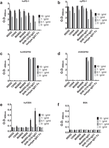 Figure 10. Off-target binding analysis ELISA assay.SHR-1210-IgG1, Mab005-IgG1, library-derived clones and designer clones in human IgG1null format were titrated (in μg/ml) in a direct binding ELISA against human PD1 (A) and cyno PD1 (B), human VEGFR2 (C) and rhesus VEGFR2 (D), human FZD5 (E) and BSA (F) proteins. These analyses confirmed that all anti-PD1 antibodies exhibited binding to PD1, but only Mab005-IgG1 and SHR-1210-IgG1 exhibited measurable off-target binding to VEGFR2 and FZD5 proteins.