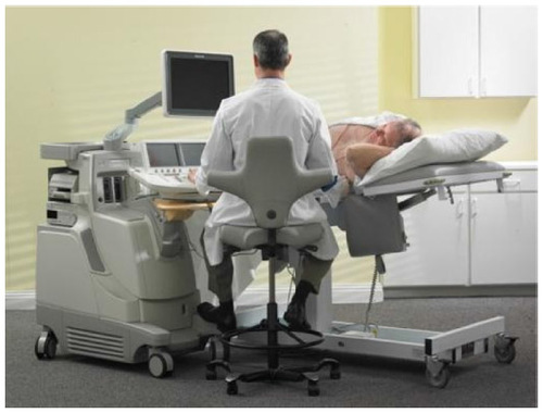 Figure 22 Performing right-handed cardiac exam from the left side of the exam table.
