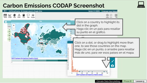Figure 2: CODAP example demonstrating the interlinking of representations. Data points representing the highest carbon emissions are highlighted in the graph, and the corresponding countries highlight automatically in the map.