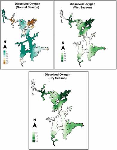 Figure 9. Spatial distribution of Dissolved Oxygen during normal, wet, and dry seasons.