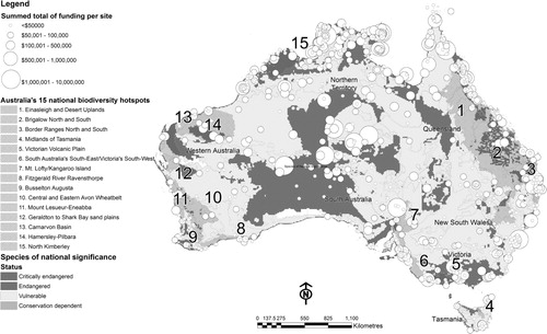 Figure 3. Location of summed ILSM projects funded over Australia’s 15 national biodiversity hotspots.