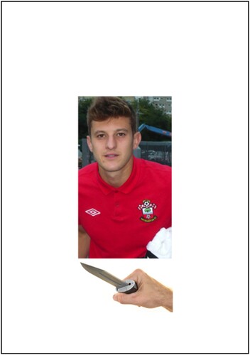 Figure 1. Example of the type of stimuli used in the weapon-present conditions in the experiment; actual materials cannot be presented here due to copyright. The footballer (Adam Lallana) and knife were obtained from Wikimedia Commons (Citation2021). In the weapon-absent conditions of the experiment, the same facial photograph was shown (to different participants) without the weapon being presented.