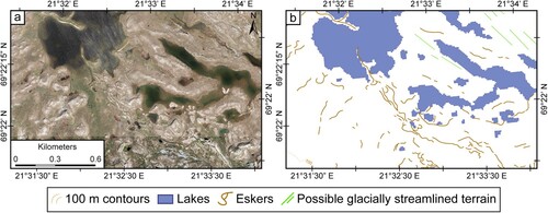 Figure 5. A series of eskers in an area of subdued topography in the plateau region of central Troms and Finnmark: (a) image from norgeibilder.no (24/08/2016), (b) subset of resulting map (presented at 1:8000 scale). The eskers comprise a simple, linear configuration in the north and a more complex network diverging into multiple flow directions in the east, south east, and south. Approximate image location: 69°22′6.80″N, 21°32′48.49″E.