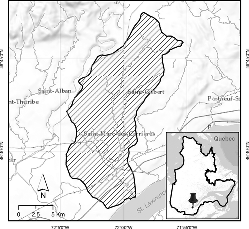 Fig. 1 The study area, the La Chevrotière River basin (107 km2), located on the north shore of the St. Lawrence River in the province of Quebec, Canada.
