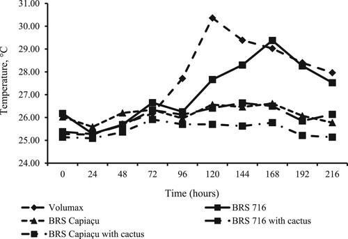 Figure 1. Mean temperatures during the aerobic stability of ‘Volumax’ sorghum, biomass sorghum (cv. BRS 716), and BRS Capiaçu grass silages, with or without cactus pear, at various times post-opening (interaction between treatments and times post-opening: P < 0.01).