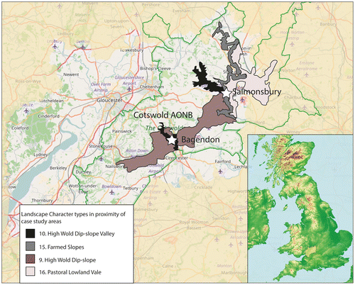 Figure 1. Location of case-study landscapes [with limit of Cotswold AONB and relevant LCA boundaries] (drawn by T. Moore/ J. Vidal, with permission. Base map data: Crown copyright. An Ordnance Survey/ Edina supplied service).