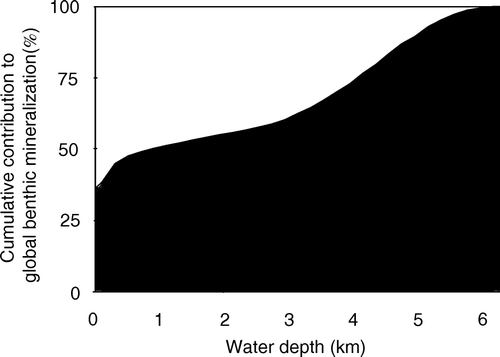 Figure 17.  The cumulative contribution of sediments in various depth ranges to the global benthic mineralization. The figure is calculated on the basis of the relations in Figure 16 and the bathymetry of the oceans.