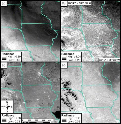 Figure 2. Seasonal progression of MIR radiance from MODIS band 23 over the Northern Great Plains in 2009. The influences of snow cover (a; 15 January), bare soils and dried vegetation (b; 28 June) (d; 29 September) and the urban/rural contrast (c; 3 August) on observed MIR radiance (W m−2 μm−1 sr−1) are evident. A separate 2% stretch has been applied to each image.