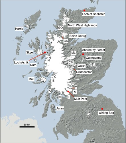 Figure 1. Loch Lomond Readvance limits in Scotland, with key locations mentioned in the text. GO: Glen Oykell, Gn: Garbhrain, To: Torridon, CM: Creag Meagaidh, R: Rannoch, T: Teith, M: Menteith, L: Loch Lomond, G: Gare Loch, A: Awe, N: Nevis, H: Hourn. The limits are approximate in Argyll (near A), Perthshire (between T and R) and in the SE Grampians (east of Gaick). Base map: Ben Chandler.