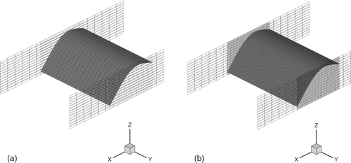 Figure 8. (a) Predicted geometry for unit-span cascade A: after 3060 steps using a 36 × 21 mesh and (b) after 3538 steps using a 72 × 41 mesh.