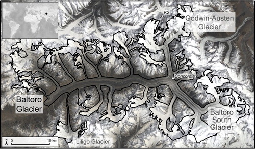 Figure 1. The regional extent of the Baltoro Glacier system and relevant locations, including Concordia and named tributary glaciers.