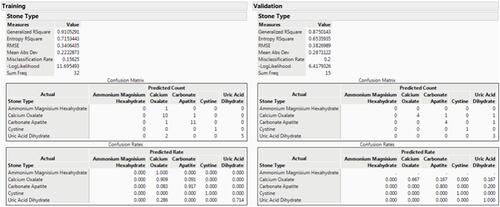 Figure 2 Typical output from a neural network model, model statistics, including R-squared values and confusion matrices, are shown on the left side, and the equivalent summary for the validation tests are shown on the right side.