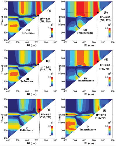 Figure 3. The coefficient of determination (R2) based on the correlation between leaf chlorophyll content (Cab) and normalized difference (ND) VIs (a, b), simple ratio (SR) VIs (c, d), and difference (D)-type VIs (e, f) VIs constructed by all possible wavelength combinations of B1 (400–900 nm) and B2 (400–900 nm) based on reflectance (left) or transmittance (right). The combination representing the highest R2 is marked with a black star, and their respective R2 value and wavelengths are noted in the figure.