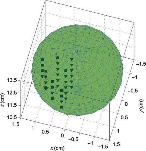 Figure 8. Distribution of tumour control points in quadrant I within the 3 cm diameter spherical tumour model. The points that were removed from the initial control point distribution are indicated by a solid triangle (▾), the 13 optimal points that were retained are represented by a solid square (▪), and the representative point r0 is indicated by a solid circle (•). To maximise 42°C tumour coverage, the tumour control points are located on the far edge of the tumour and laterally around the periphery of the spherical tumour model.
