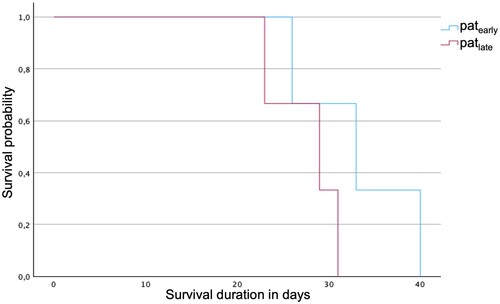Figure 5. Survival analysis showing an evident, though no significant, shorter survival of patlate compared to patearly.