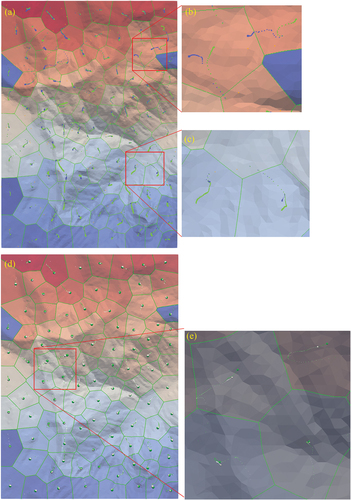 Figure 16. Trajectories of the GVD (green) diffusion centroids compared with those of rGVD (blue) and lGVD (white). The trajectories of the centroids are sparse at the initial stage and dense at the final stage. (a) comparison of GVD and rGVD. (b) Oppposite optimization directions of rGVD and GVD. (c) early convergence of rGVD than of GVD. (d) comparison of GVD and lGVD. (e) Biased and early stopped optimization of lGVD.