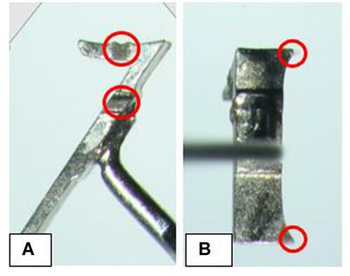 Figure 2 (A and B) The front surface of the instrument with 2 markings on the long and short arm respectively for positioning the instrument on the cornea (A). The back surface of the instrument: two tiny prominences at both ends of the long arm of the instrument for marking the insertion and removal site of the suture needle after blue staining (B).Citation8
