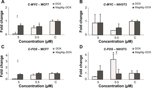 Figure 7 Fold change of C-MYC (A and B) and C-FOS (C and D) expression on MCF7 cells (left graphs) and NIH3T3 cells (right graphs) in the course of 0 μM, 0.5 μM, and 5 μM in DOX concentration and with effect of MagAlg–DOX nanocarrier.Notes: Data represent mean and standard error from three independent measurements. Positive (*) and negative (•) significance were determined using ANOVA and Dunnet post hoc test.Abbreviation: DOX, doxorubicin.