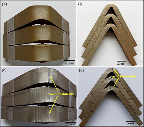 Figure 16. Three-point bend tested specimens, (a) top view of substrates, (b) side view of substrates, (c) top view of repaired specimens, (d) side view of repaired specimens.