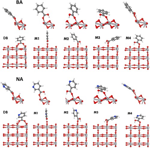 Figure 3. Adsorption of benzoic acid (BA, top row) and nicotinic acid (NA, bottom row) on anatase (101). Note that two symmetrically equivalent orientations of configurations M2 and M3 are possible (only one orientation was calculated for each).