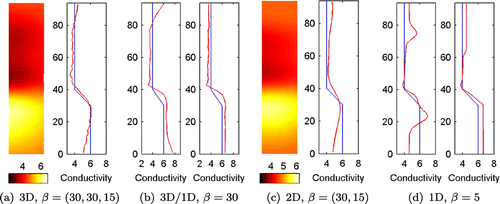 Figure 10. The estimated conductivities (Case 2). (a) 3D reconstructions (b) 3D/1D reconstruction (c) 2D reconstruction (d) 1D reconstruction.