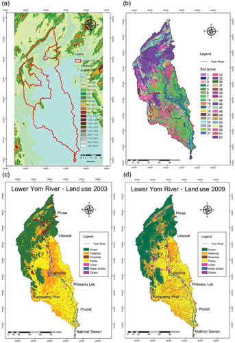 Figure 2. Spatial input maps for the SWAT model in the Lower Yom River showing (a) the digital elevation model (DEM), (b) soil groups, (c) land use in 2003, and (d) land use in 2009.