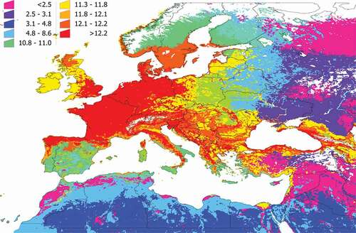 Figure 5. The phylogenetic diversity of the vertebrates in the target territory. The value must be interpreted as the phylogenetic diversity of the vertebrates reported as hosts of I. ricinus that are expected to be present in the territory, measured by the method of Faith. Supplementary Research Data contains the details of the spatial distribution of each cluster, and the use of portions of the phylogenetic tree of the vertebrates by the tick in each cluster.