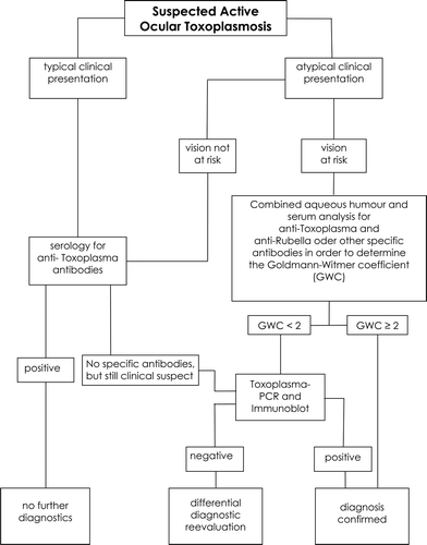 FIGURE 2  Algorithm to a clinically tailored laboratory analysis in suspected ocular toxoplasmosis.