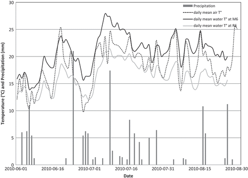 Fig. 2 Summer air temperature, precipitation and water temperature for the M6-R6 mainstem-refugium pair located on the Ouelle, for 2010.