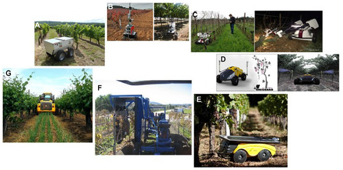 Figure 9 Some robot prototypes and commercial solutions for precision viticulture.