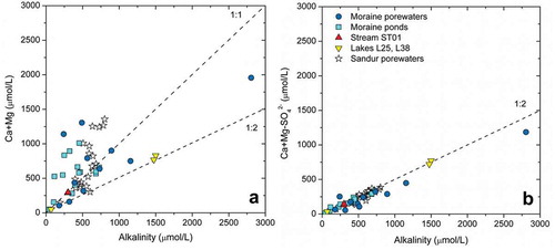 Figure 8. (a) Ca+Mg vs. alkalinity and (b) “corrected” contents of Ca+Mg vs. alkalinity. The plots show data for the water samples collected in this study as well as data for the sandur porewaters reported in Deuerling et al. (Citation2018).