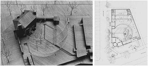 Figure 4. Mitchell/Giurgola Architects, AIA Headquarters, Washington, DC, winning competition project model (unfinished) and ground floor plan. Source: Mitchell/Giurgola Collections, The Architectural Archives, University of Pennsylvania (collections 276 and 015). Photograph by Rollin La France.
