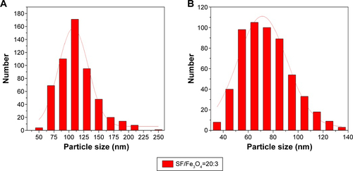 Figure S2 Particle size distribution.Notes: (A) Fe3O4-SF nanoparticles (SF/Fe3O4=20:3) and (B) MTX-Fe3O4-SF nanoparticles.Abbreviations: MTX, methotrexate; SF, silk fibroin.