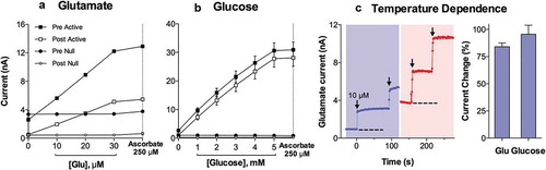 Figure 17. In vitro current responses of GLU- (A) and glucose- (B) selective (Active) and substrate-null (Null) biosensors to different concentrations of substrates before (Pre) and after (Post) an in vivo recording. (C) Current response of an example GLU biosensor at 20°C versus 37°C. Dashed lines represent the baseline current in vitro at each temperature, each arrow indicates the time when 10 µM GLU was added. Note that the baseline at 37°C is approximately equivalent to the current response to 10 µM GLU at 20°C. Right bar graph indicates the percent increase in current between 20°C and 37°C for the GLU and glucose sensors tested. Original data were published in [Citation174,Citation177]; the picture was reproduced in [Citation187] (ACS Chemical Neuroscience; open access publication).