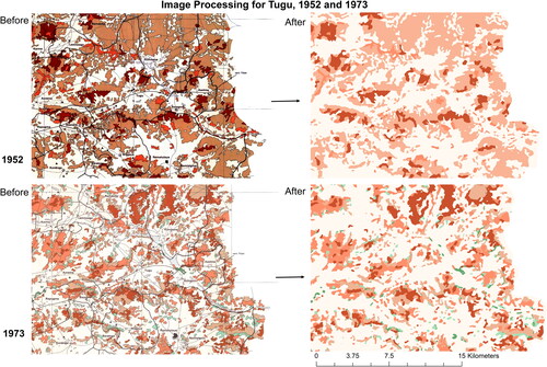 Figure 8 Image processing, before (left) and after (right), of an area of Tugu, Yatenga.