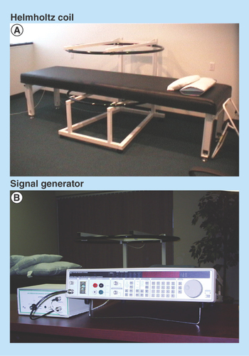 Figure 1.  Medical Device Resonator, showing (A) the Helmholtz coil and (B) signal generator.The Medical Device Resonator has Health Canada License and CE Mark (#2001010303CPON0318) and was developed using defined physical principles for electromagnetic field therapy production.