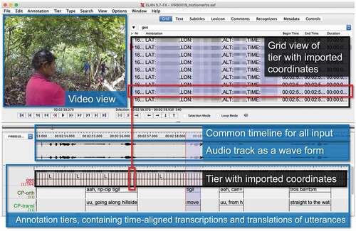 Figure 1. An ELAN view, illustrating the integration of audio, video, multi-tiered linguistic annotations and geographical coordinates on a common timeline. Standard ELAN functionalities are highlighted in blue, our own georeferential implementations in black. The coordinate values have been obscured for privacy