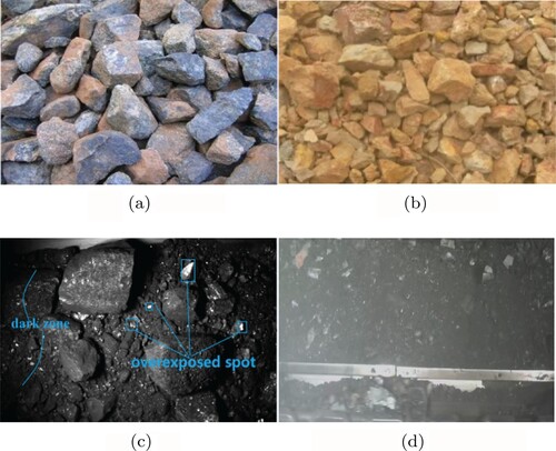 Figure 1. Examples of different kinds of ores. (a) Iron ore, (b) aluminium ore, (c) coal and (d) coal in transportation.