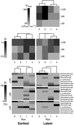 Fig. 16. Heatmaps of total biovolume (VTotal, top row), Gini–Simpson Index of Diversity (D, middle row) and species proportion (pi, bottom row) data. Left column: earliest observation. Right column: latest observation.